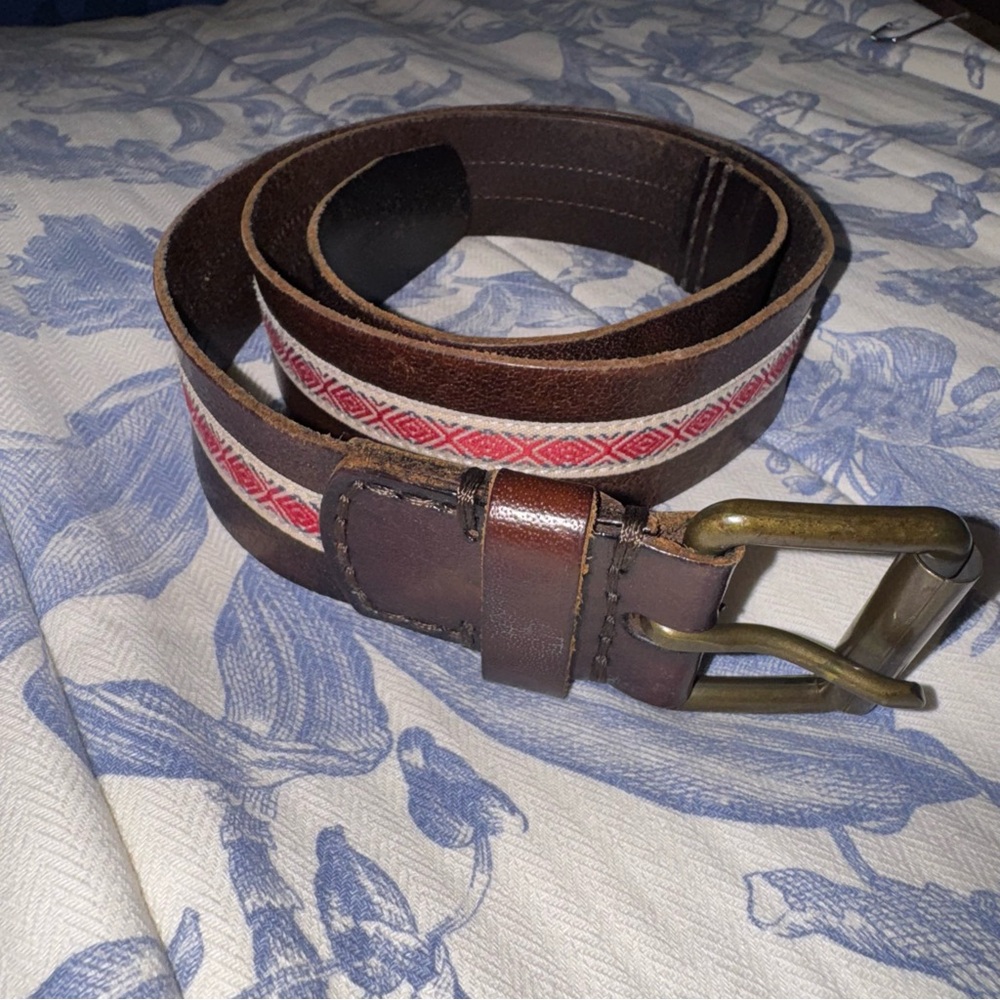 🟣4/$20 Vtg Hollister California Brown Leather Belt Red Pattern 34
